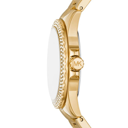 Side profile of Michael Kors Mini Everest watch with pavé crystal bezel detail and gold strap