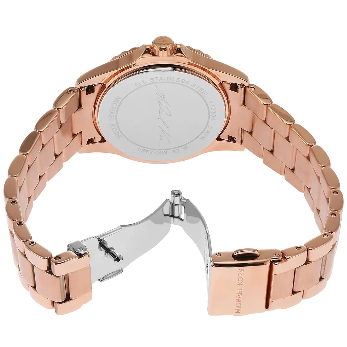 Michael Kors MK7364 watch displayed with open bracelet showing rose gold-tone stainless steel construction