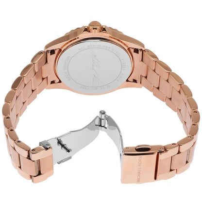 Michael Kors MK7364 watch displayed with open bracelet showing rose gold-tone stainless steel construction