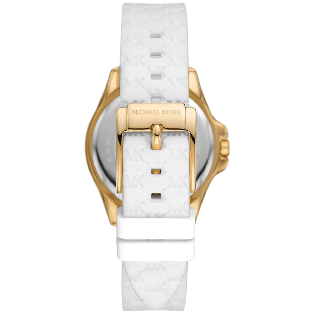 Caseback view of Michael Kors Mini Pilot showing white silicone strap with logo and gold-tone buckle