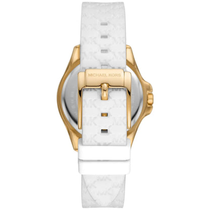Caseback view of Michael Kors Mini Pilot showing white silicone strap with logo and gold-tone buckle