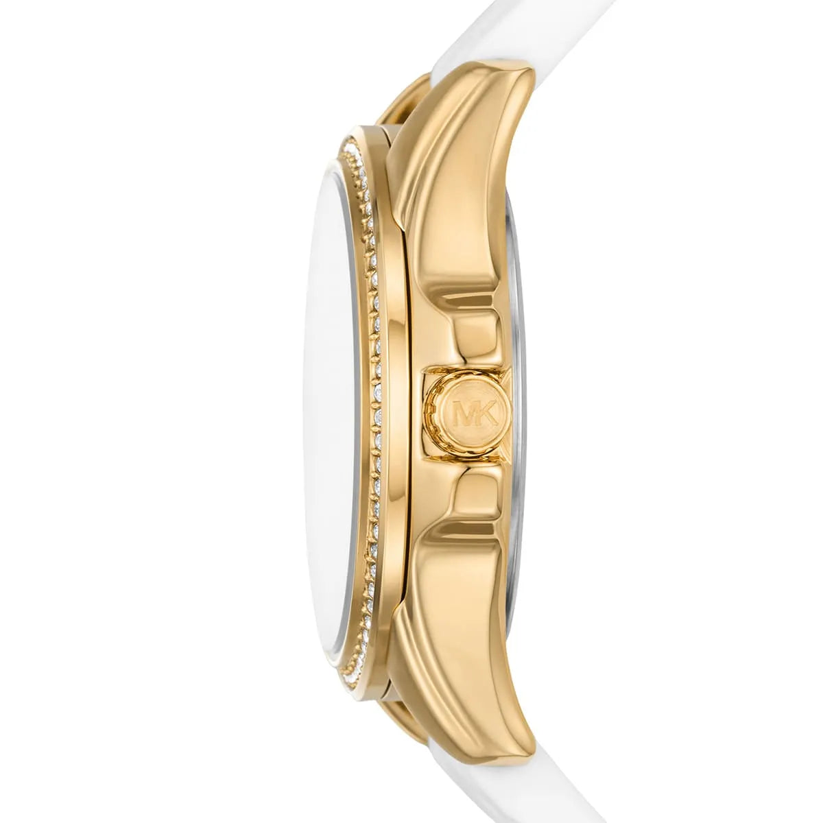 Side view of Michael Kors Mini Pilot watch showing gold-tone case profile and white silicone strap