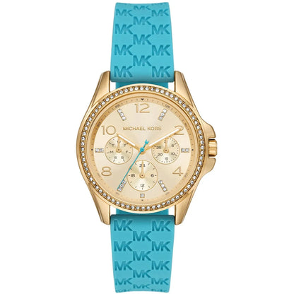 Michael Kors Mini Pilot gold-tone watch with champagne dial, crystal bezel, chronograph subdials, and turquoise logo silicone strap