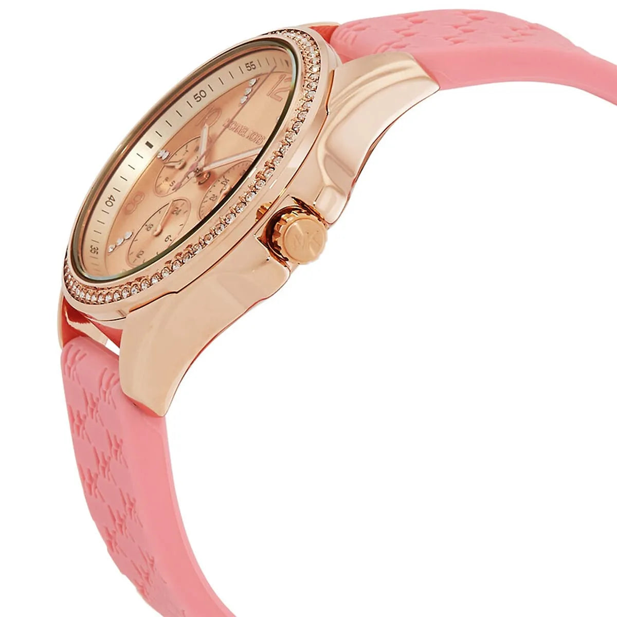 Angled view of Michael Kors Mini Pilot watch with rose gold case and crown detail