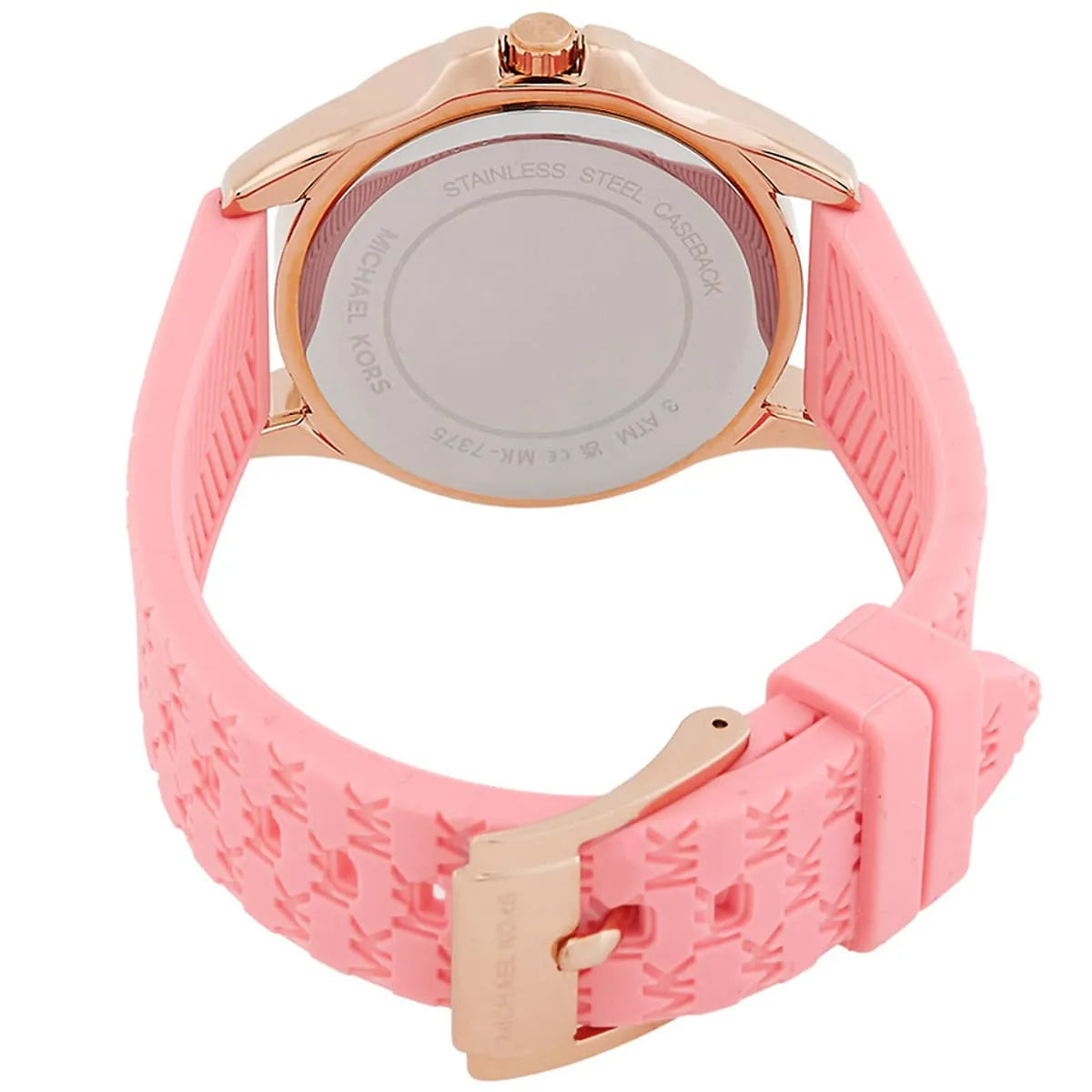 Michael Kors MK7375 case back with pink silicone strap and rose gold buckle