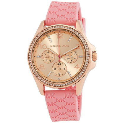 Michael Kors MK7375 chronograph watch face with rose gold dial and three subdials