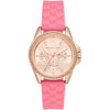 Michael Kors Mini Pilot watch with rose gold dial, crystal bezel, and pink silicone strap