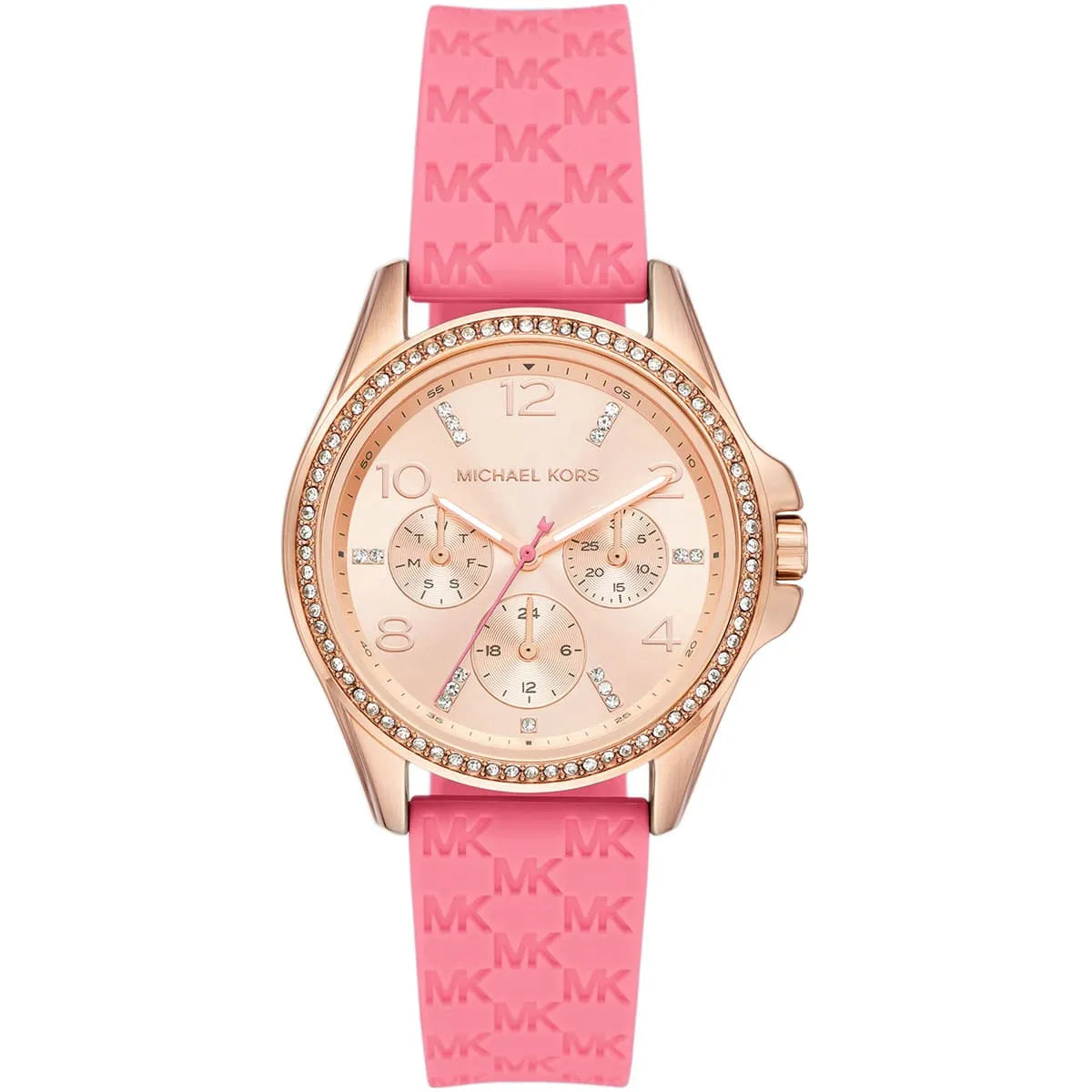 Michael Kors Mini Pilot watch with rose gold dial, crystal bezel, and pink silicone strap