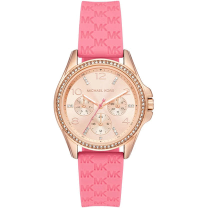 Michael Kors Mini Pilot watch with rose gold dial, crystal bezel, and pink silicone strap