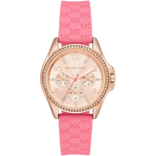 Michael Kors Mini Pilot watch with rose gold dial, crystal bezel, and pink silicone strap