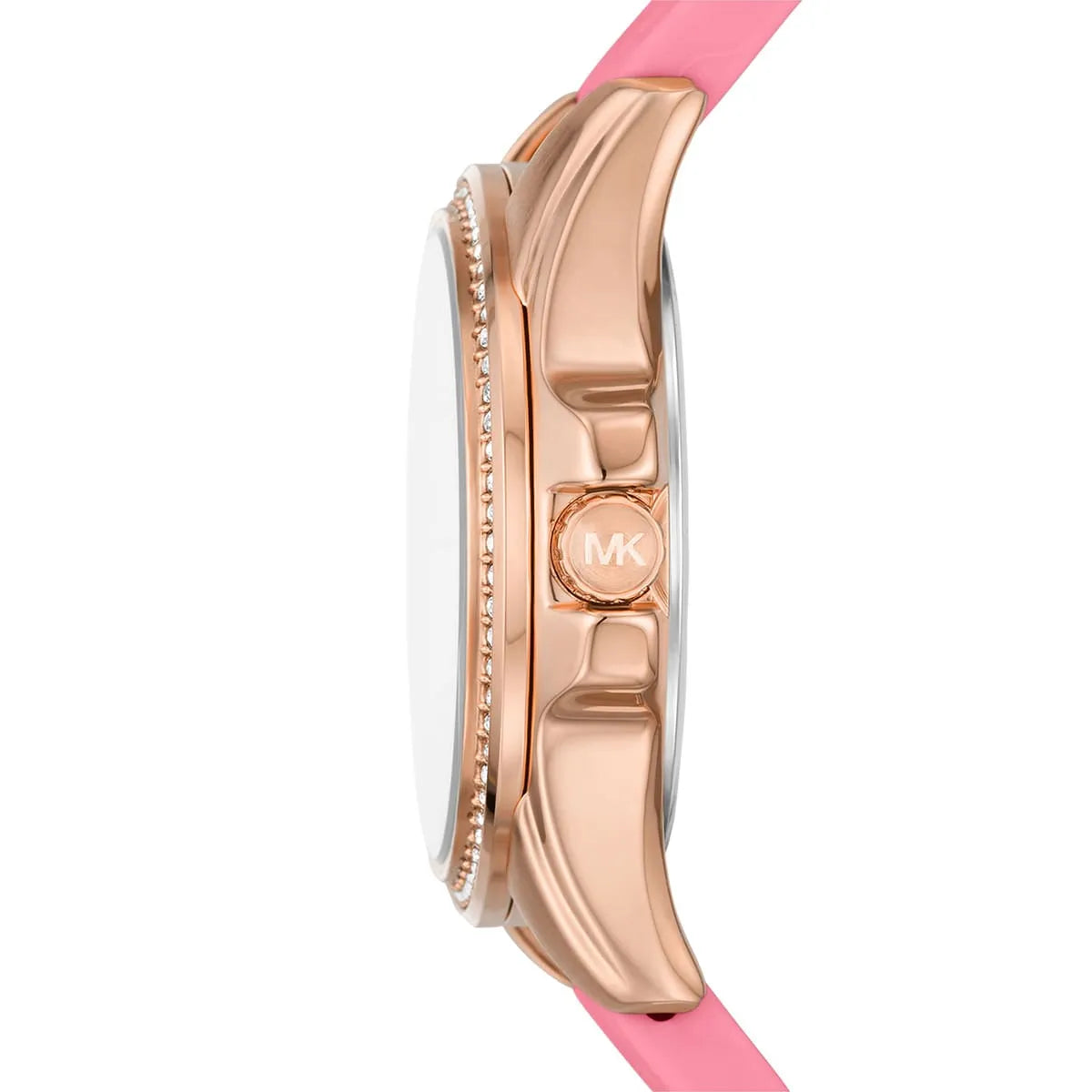 Side profile of Michael Kors MK7375 rose gold case with pink silicone strap