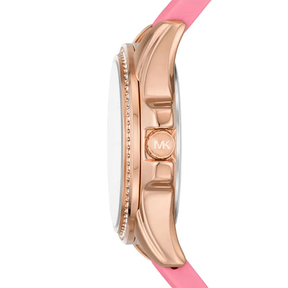 Side profile of Michael Kors MK7375 rose gold case with pink silicone strap