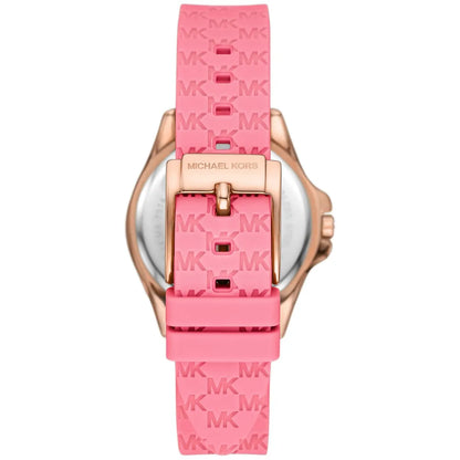 Michael Kors MK7375 chronograph watch worn on wrist with pink silicone strap