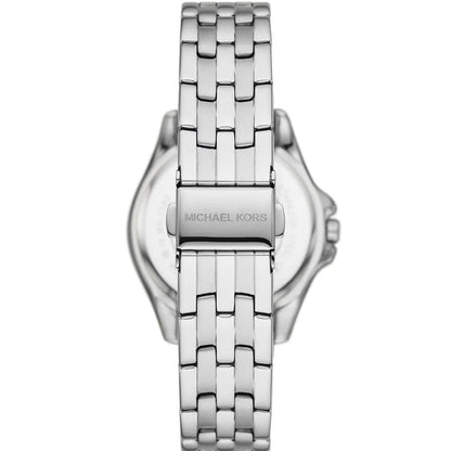 Back view of Michael Kors Pilot MK7379 watch showing caseback and silver-tone metal band