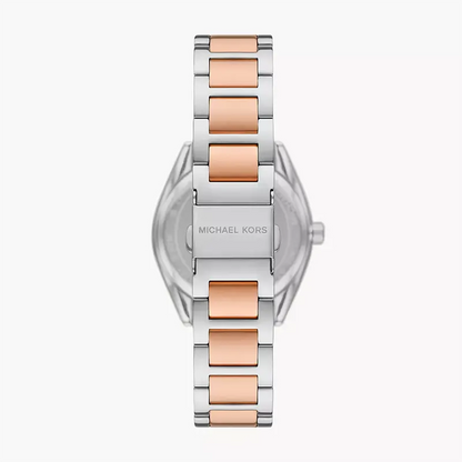 Michael Kors Janelle two-tone steel and rose gold bracelet strap with Michael Kors branding on caseback