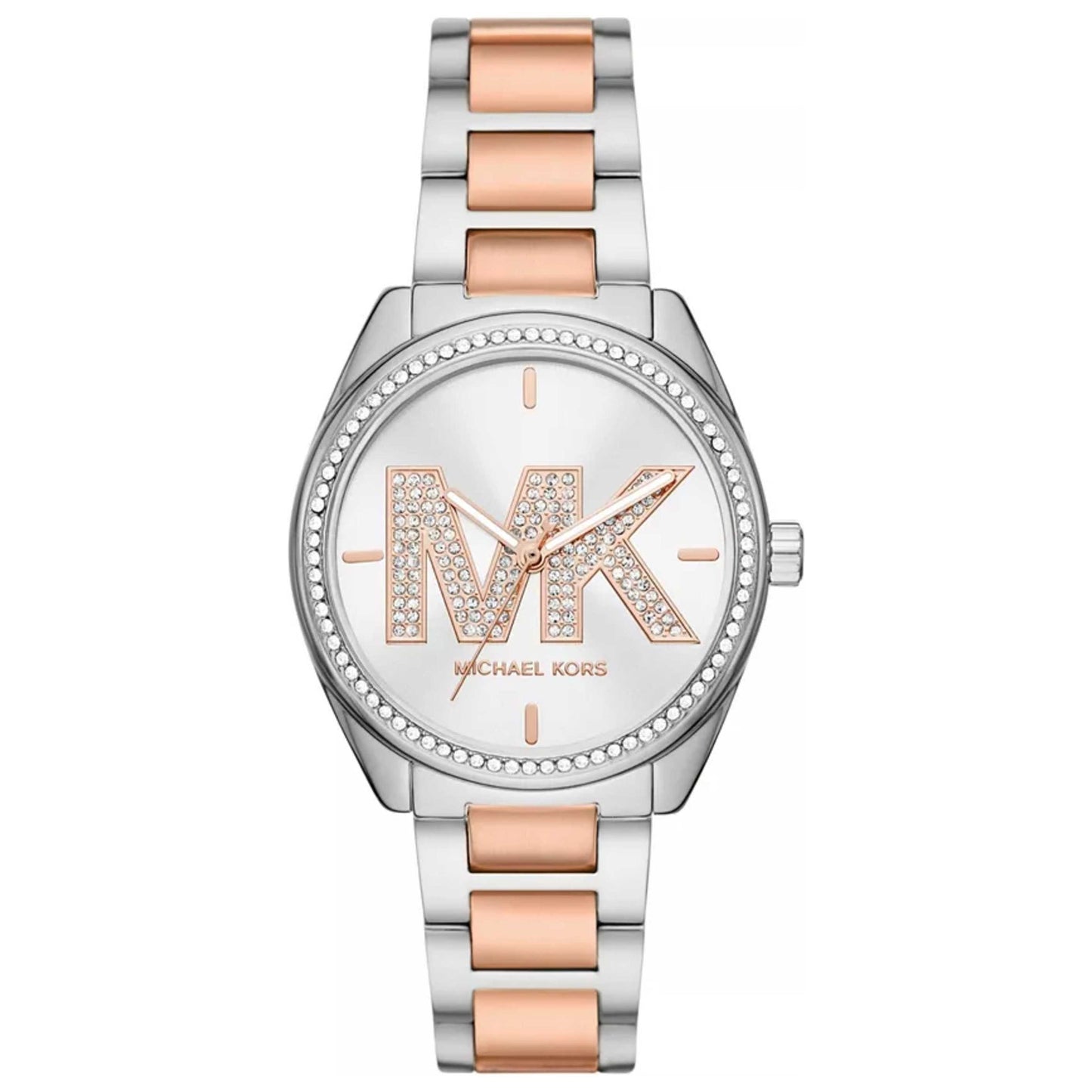 Michael Kors Janelle silver dial two-tone steel and rose gold strap women's watch with crystal bezel