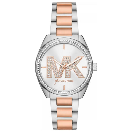 Michael Kors Janelle silver dial two-tone steel and rose gold strap women's watch with crystal bezel