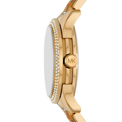 Side profile of Michael Kors Everest MK7389 showing crystal-set bezel edge and gold-tone case