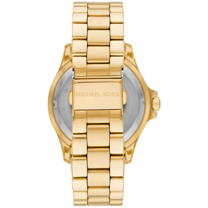 Caseback of Michael Kors Everest women's watch showing gold-tone stainless steel bracelet and Michael Kors branding