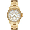 Michael Kors Everest women's watch with white mother-of-pearl dial, Roman numerals, crystal bezel, and gold-tone bracelet