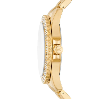 Side view of Michael Kors Everest watch showing crystal-set bezel and gold-tone stainless steel band