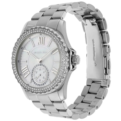 Michael Kors Everest MK7403 angled view showing silver stainless steel bracelet and crystal-set bezel
