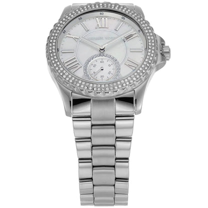 Michael Kors Everest MK7403 front view with white dial, Roman numerals, and crystal bezel