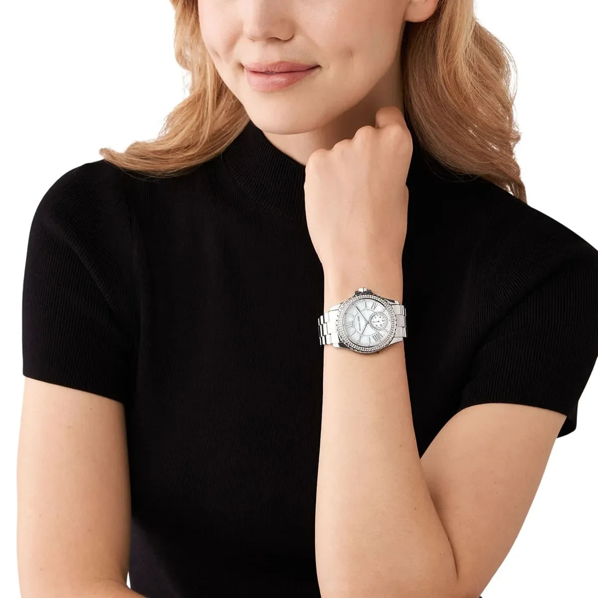 Michael Kors Everest MK7403 white mother-of-pearl watch worn on wrist
