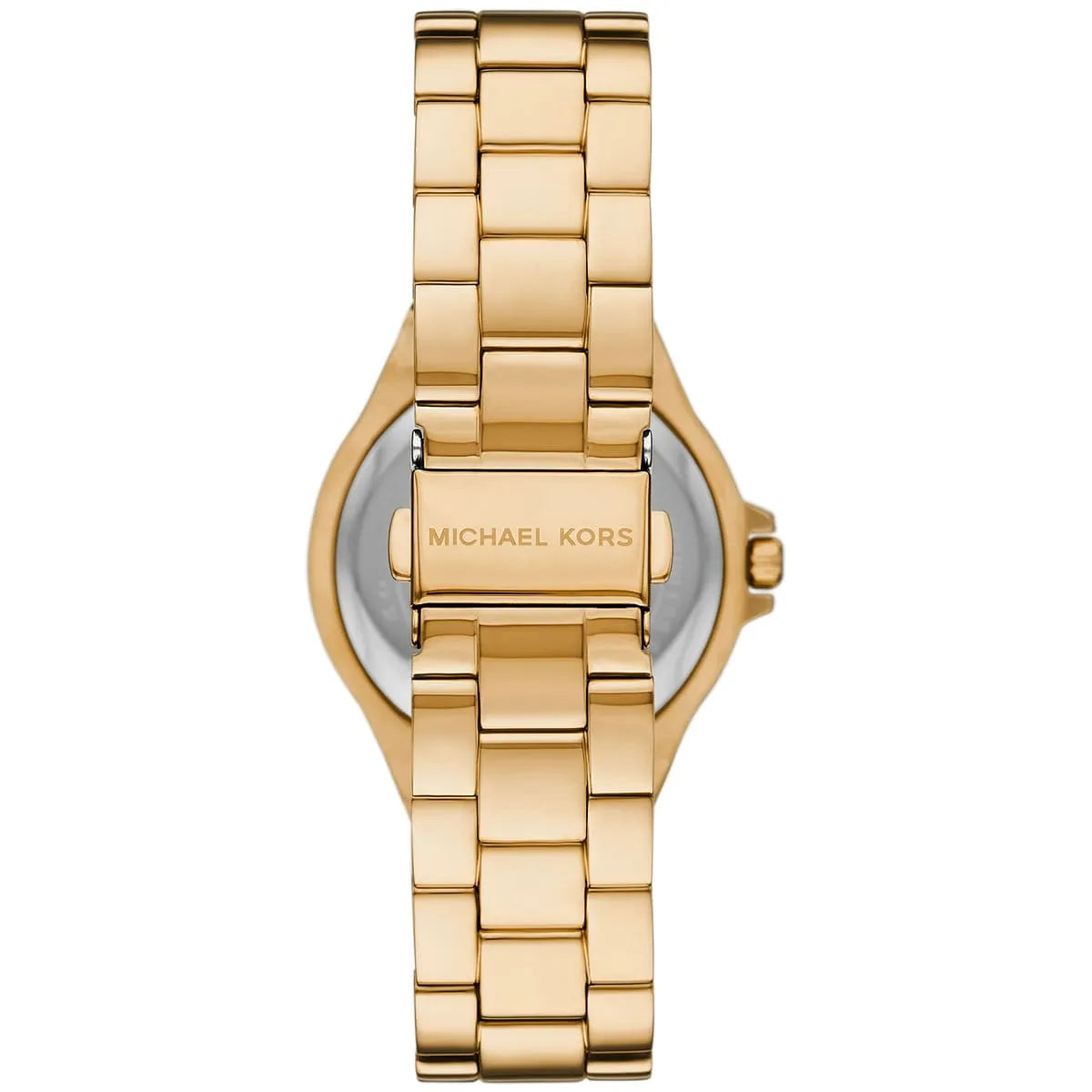 Michael Kors Lennox caseback showing gold-tone stainless steel bracelet and Michael Kors branding