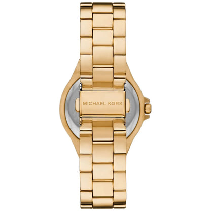 Michael Kors Lennox caseback showing gold-tone stainless steel bracelet and Michael Kors branding