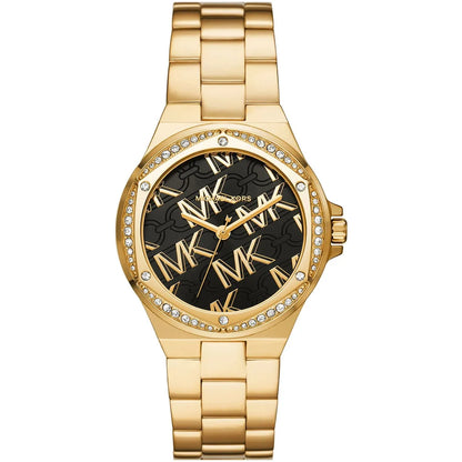 Michael Kors Lennox gold-tone watch with crystal-paved bezel and black dial featuring MK logo pattern