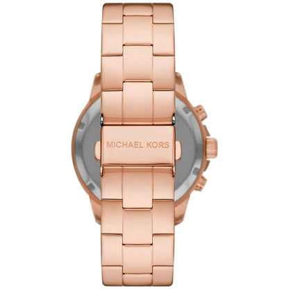 Michael Kors Lexington rose gold watch showing case back and stainless steel bracelet