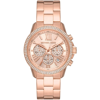 Michael Kors Lexington rose gold-tone watch with crystal bezel and three chronograph subdials on matching bracelet