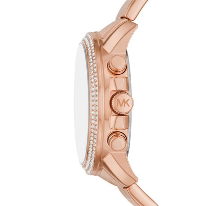 Michael Kors Lexington rose gold watch shown from side view with crystal-set bezel and chronograph pushers