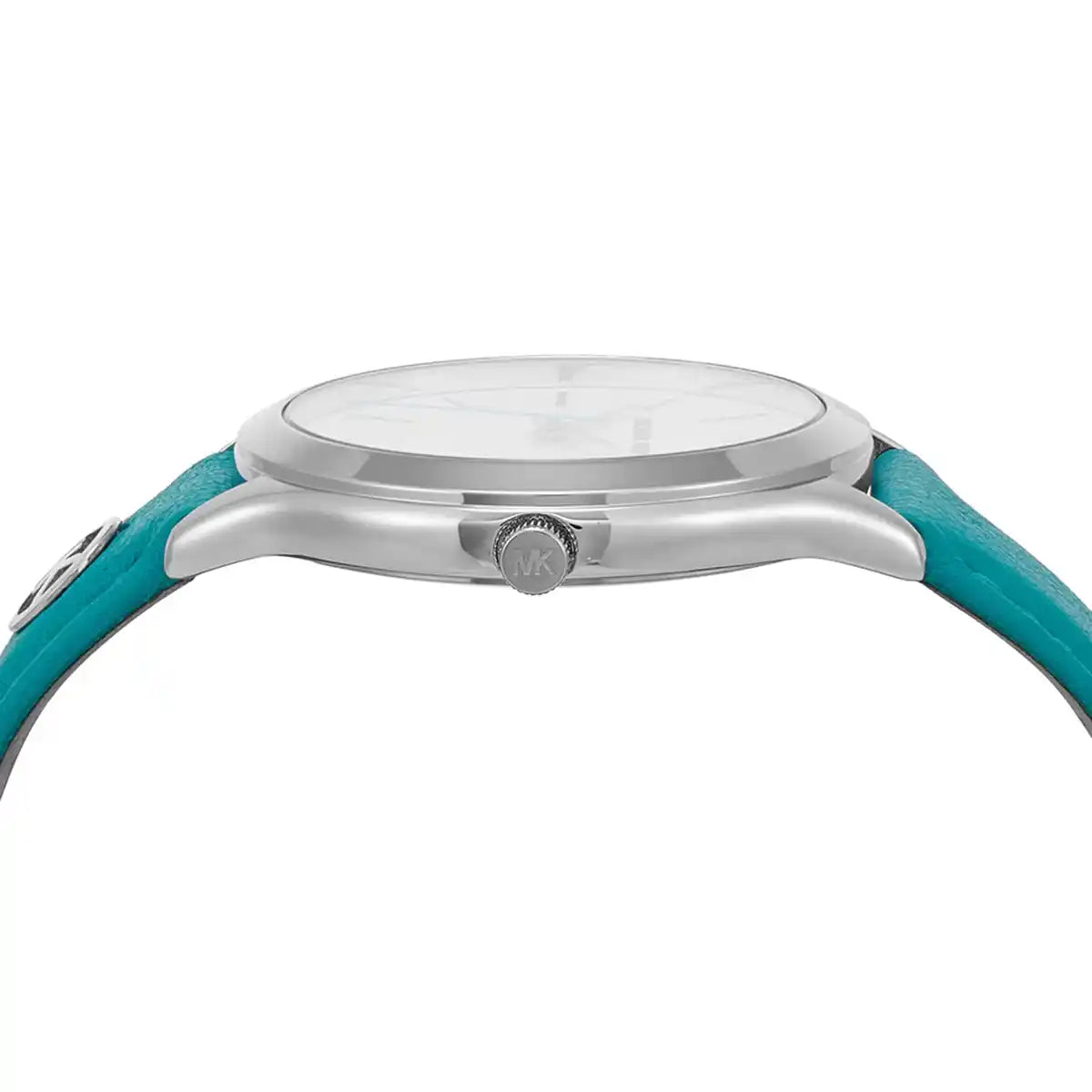 Side view of Michael Kors MK7470 watch showing silver case and turquoise leather strap