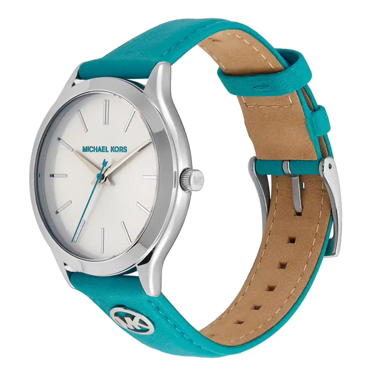 Michael Kors MK7470 watch displayed at angle showing turquoise leather strap with tan suede lining