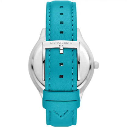Michael Kors MK7470 turquoise leather strap with tan suede lining and buckle closure