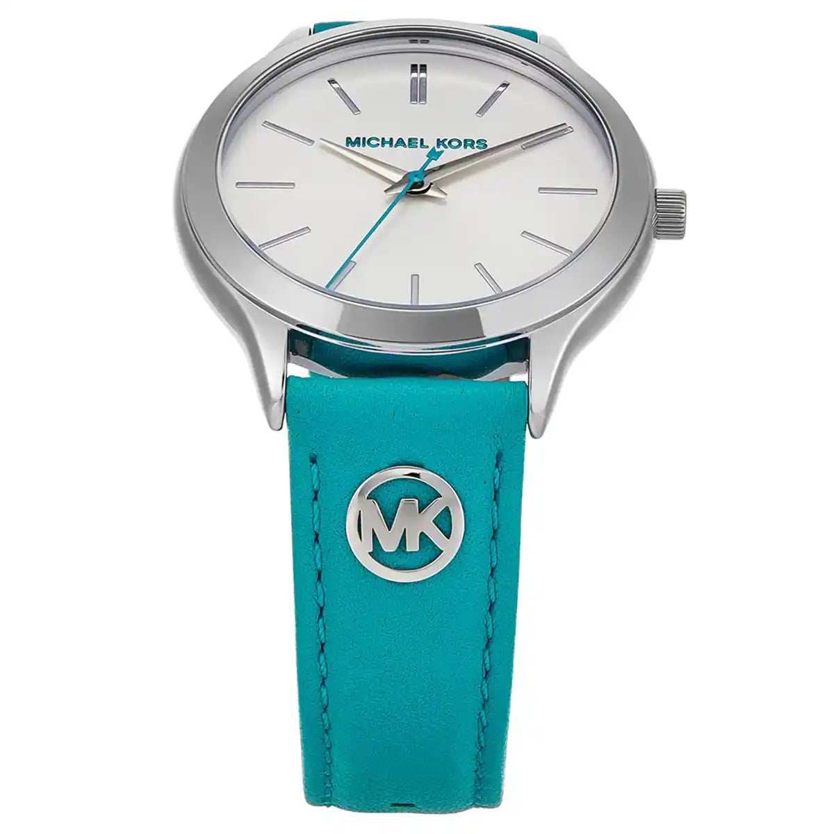 Close-up of Michael Kors MK7470 white dial with silver hour markers and blue hands
