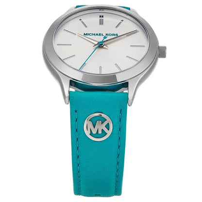 Close-up of Michael Kors MK7470 white dial with silver hour markers and blue hands