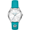 Michael Kors Slim Runway women's watch with white dial, silver case, and turquoise leather strap