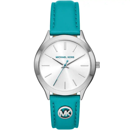 Michael Kors Slim Runway women's watch with white dial, silver case, and turquoise leather strap