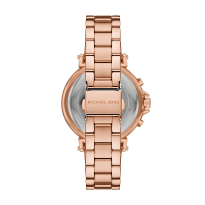 Back view of Michael Kors Maren watch showing caseback with Michael Kors branding and rose gold-tone bracelet