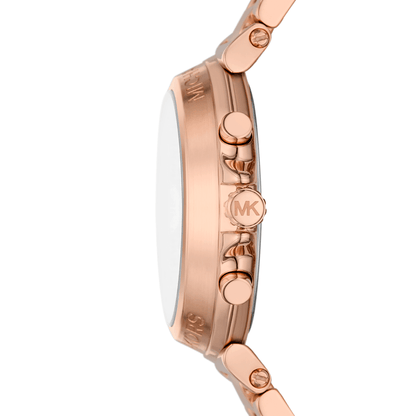 Side view of rose gold-tone Michael Kors Maren chronograph watch showing case depth and MK logo on bracelet