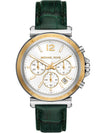 Michael Kors Maren chronograph watch with white dial, gold subdials, and green leather strap