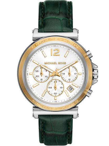 Michael Kors Maren chronograph watch with white dial, gold subdials, and green leather strap