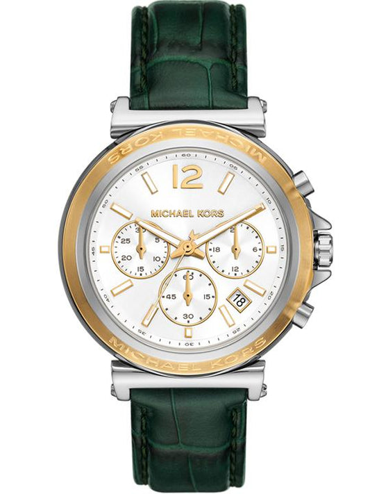 Michael Kors Maren chronograph watch with white dial, gold subdials, and green leather strap