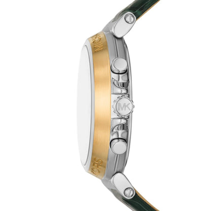 Side view of Michael Kors Maren watch showing gold-tone case band and green leather strap