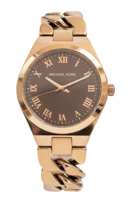 Michael Kors Lennox rose gold-tone women's watch with black dial and Roman numerals