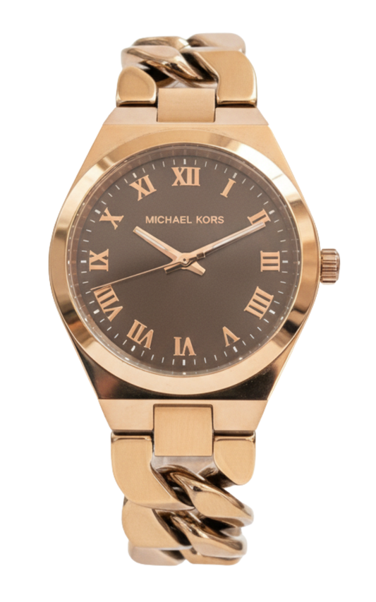 Michael Kors Lennox rose gold-tone women's watch with black dial and Roman numerals