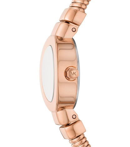 Michael Kors MK7528 watch side view showing case profile and MK logo on bracelet